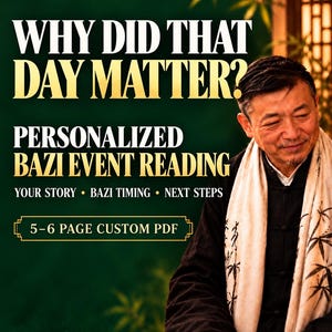 May include: A digital document titled WHY DID THAT DAY MATTER? PERSONALIZED BAZI EVENT READING. It includes sections for YOUR STORY, BAZI TIMING, and NEXT STEPS, delivered as a 5-6 PAGE CUSTOM PDF. The background is dark green with bamboo.
