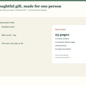 May include: A digital product information graphic with the text A thoughtful gift, made for one person. It lists personalization options including recipient name, birth month and day, and print size selection of US Letter or A4.