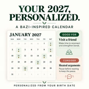 May include: A 2027 Bazi-inspired calendar page for January. The grid displays dates with specific days highlighted. To the right, two boxes provide guidance: one labeled Good For with Visit a friend, and one labeled Consider with Heated arguments.
