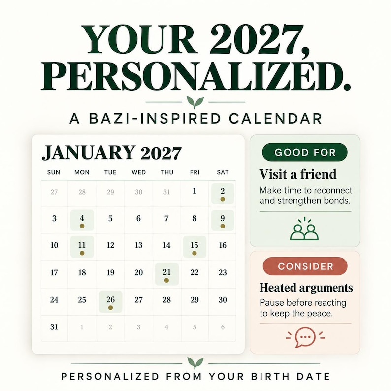 May include: A 2027 Bazi-inspired calendar page for January. The grid displays dates with specific days highlighted. To the right, two boxes provide guidance: one labeled Good For with Visit a friend, and one labeled Consider with Heated arguments.