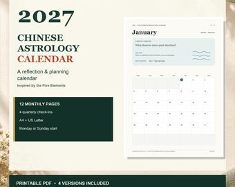 2027 Chinese Astrology Calendar PDF | Printable Reflection Planner, A4 & US Letter