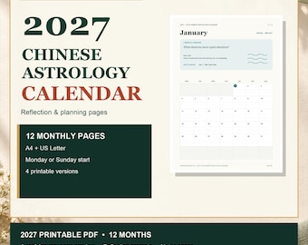 2027 Calendar Printable PDF | Monthly Astrology Reflection Prompts, A4 & US Letter