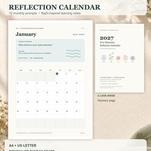 May include: A 2027 Five Elements Reflection Calendar printable collection featuring a monthly layout for January with a prompt about quiet attention, BaZi-inspired notes, and a cover page displaying five elemental icons in a clean, minimalist design.