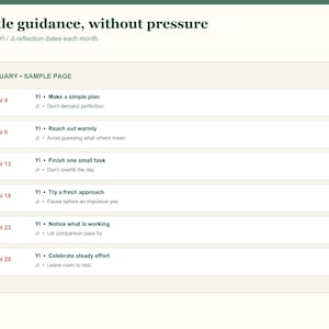 May include: A January sample page from a planner titled A little guidance, without pressure. It lists six dates with Yi and Ji reflection prompts, such as Make a simple plan, Reach out warmly, Finish one small task, Try a fresh approach, Notice what is working, and Celebrate steady effort.