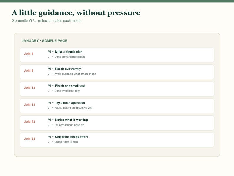 May include: A January sample page from a planner titled A little guidance, without pressure. It lists six dates with Yi and Ji reflection prompts, such as Make a simple plan, Reach out warmly, Finish one small task, Try a fresh approach, Notice what is working, and Celebrate steady effort.