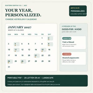 May include: A 2027 Chinese astrology calendar titled Your Year, Personalized. The layout includes a January 2027 monthly grid with highlighted dates, a Good-For/Avoid guide, and a footer noting printable PDF, US Letter or A4 options.