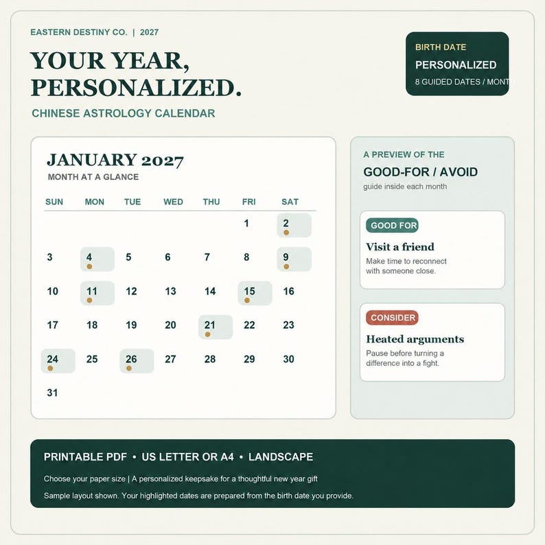 May include: A 2027 Chinese astrology calendar titled Your Year, Personalized. The layout includes a January 2027 monthly grid with highlighted dates, a Good-For/Avoid guide, and a footer noting printable PDF, US Letter or A4 options.