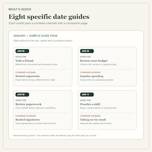 May include: A digital document titled What's Inside Eight specific date guides, featuring a January sample page with four date entries. Each entry lists a date, a good activity, and a caution to consider, using dark green and red text.