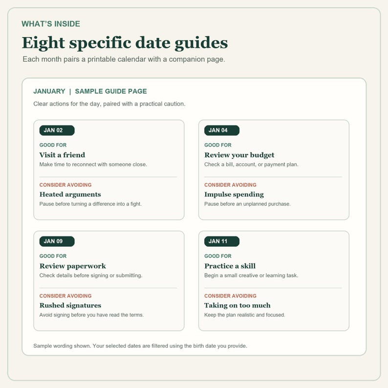 May include: A digital document titled What's Inside Eight specific date guides, featuring a January sample page with four date entries. Each entry lists a date, a good activity, and a caution to consider, using dark green and red text.