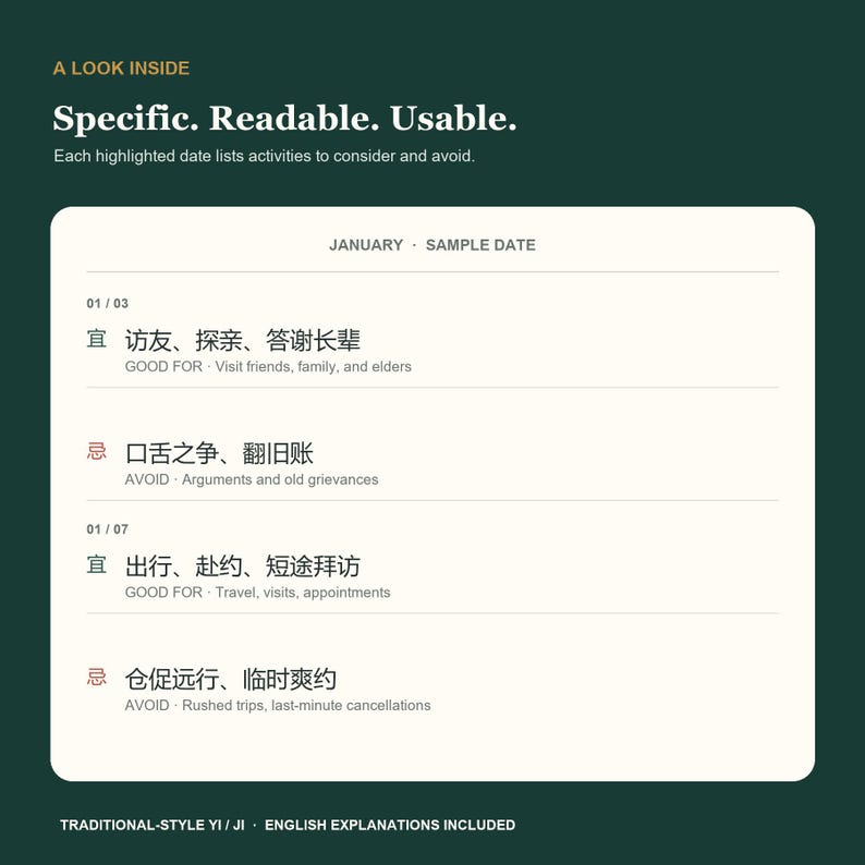 May include: A dark green informational graphic featuring a cream-colored box with the text A LOOK INSIDE, Specific. Readable. Usable. Each highlighted date lists activities to consider and avoid. It displays January sample dates with Chinese characters and English translations for good and avoid activities.