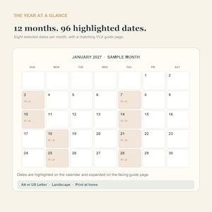 May include: A digital calendar template titled THE YEAR AT A GLANCE, featuring 12 months and 96 highlighted dates. The sample January 2027 grid displays eight dates per month marked with Yi/Ji, available in A4 or US Letter landscape format.