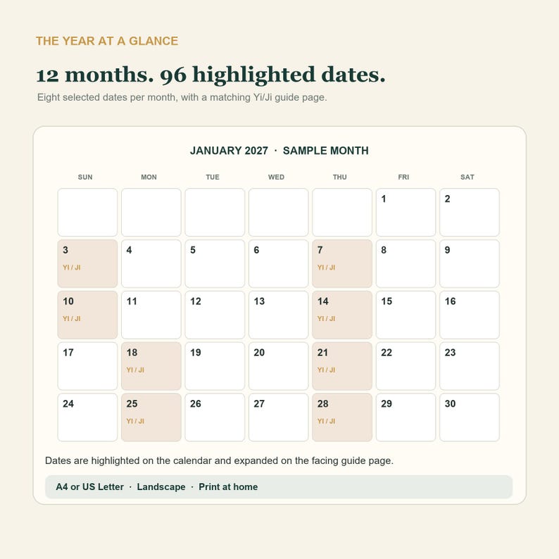 May include: A digital calendar template titled THE YEAR AT A GLANCE, featuring 12 months and 96 highlighted dates. The sample January 2027 grid displays eight dates per month marked with Yi/Ji, available in A4 or US Letter landscape format.