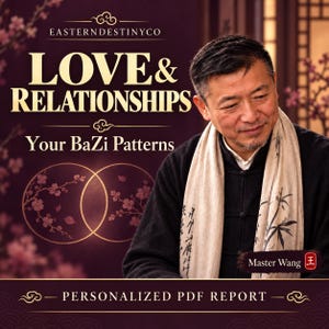 Op de afbeelding: Een digitale afbeelding voor een gepersonaliseerd PDF-rapport getiteld LOVE & RELATIONSHIPS Your BaZi Patterns door EASTERNDESTINYCO. Het toont een persoon in een zwart jasje en een beige sjaal met bamboe-illustraties, gelabeld als Master Wang.