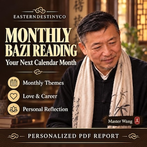 May include: A digital graphic for a Monthly Bazi Reading by EasternDestinyCo. It features a man in a black jacket and beige scarf, with text detailing Monthly Themes, Love & Career, and Personal Reflection, concluding with Personalized PDF Report.