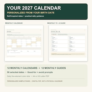 May include: A digital 2027 calendar personalized from birth date, featuring monthly calendar pages and monthly Yi/Ji guides. The layout includes 12 monthly calendars, 12 monthly guides, 96 selected dates, and daily five-element color dots.