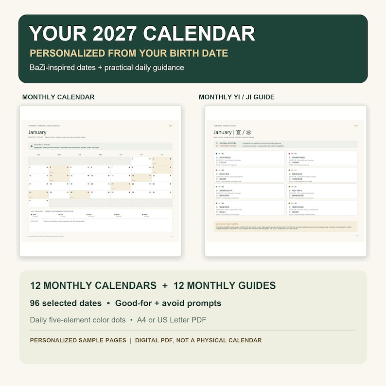 May include: A digital 2027 calendar personalized from birth date, featuring monthly calendar pages and monthly Yi/Ji guides. The layout includes 12 monthly calendars, 12 monthly guides, 96 selected dates, and daily five-element color dots.