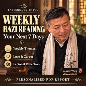 May include: A digital graphic for a Weekly Bazi Reading service by EASTERNDESTINYCO. It features text including Weekly Themes, Love & Career, and Personal Reflection. A person wearing a black shirt and a light scarf with bamboo print is visible.
