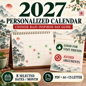 May include: A 2027 personalized calendar with a Chinese Bazi-inspired day guide. The desk calendar features a landscape illustration, a monthly grid with highlighted dates, and a companion card with text: Good for visit friends and Avoid arguments.