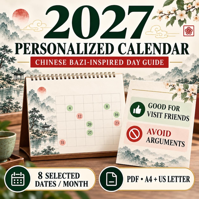 May include: A 2027 personalized calendar with a Chinese Bazi-inspired day guide. The desk calendar features a landscape illustration, a monthly grid with highlighted dates, and a companion card with text: Good for visit friends and Avoid arguments.