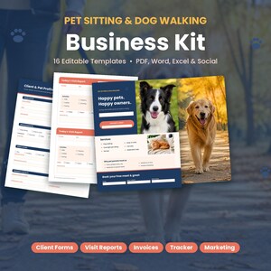 May include: A pet sitting and dog walking business kit featuring 16 editable templates in PDF, Word, and Excel formats. The documents include client forms, visit reports, invoices, trackers, and marketing materials with dog imagery.