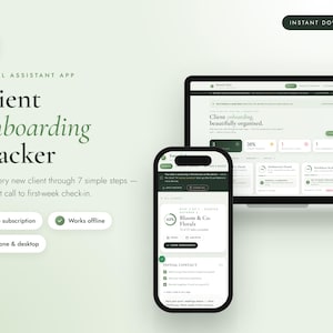 May include: A digital client onboarding tracker app displayed on a smartphone and laptop screen. The interface features a light green and dark green color scheme with text reading Client Onboarding Tracker, No subscription, Works offline, and Phone & desktop.