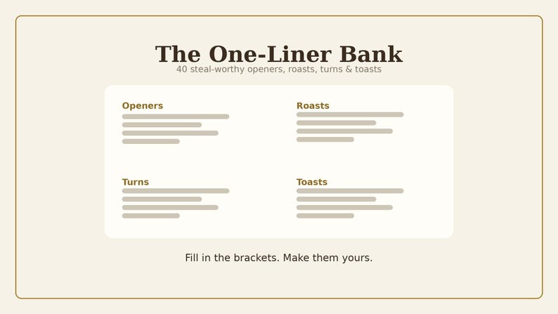 May include: A rectangular card with a cream background and dark brown text. The title reads The One-Liner Bank, 40 steal-worthy openers, roasts, turns & toasts. Four sections labeled Openers, Roasts, Turns, and Toasts contain lines. Fill in the brackets. Make them yours.