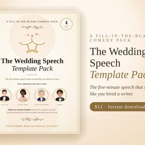 May include: A fill-in-the-blank comedy pack titled The Wedding Speech Template Pack. The document features a graphic of two clinking champagne glasses, four circular character illustrations representing the best man, maid of honor, father of the bride, and groom, and text by Jonathan Randall.