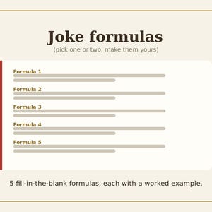May include: A rectangular graphic with a cream background and a thin brown border. The text reads Joke formulas (pick one or two, make them yours). Below, a white panel features five labeled lines, Formula 1 through 5, with a vertical red line on the left. The bottom text reads 5 fill-in-the-blank formulas, each with a worked example.