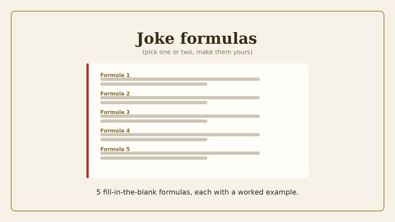 May include: A rectangular graphic with a cream background and a thin brown border. The text reads Joke formulas (pick one or two, make them yours). Below, a white panel features five labeled lines, Formula 1 through 5, with a vertical red line on the left. The bottom text reads 5 fill-in-the-blank formulas, each with a worked example.