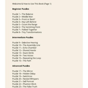 May include: A Table of Contents page from a book listing 25 puzzles categorized into Beginner, Intermediate, and Advanced levels. The text includes titles such as The Balance, Selective Hearing, and The Mirror, with a note that answers are on the back page.