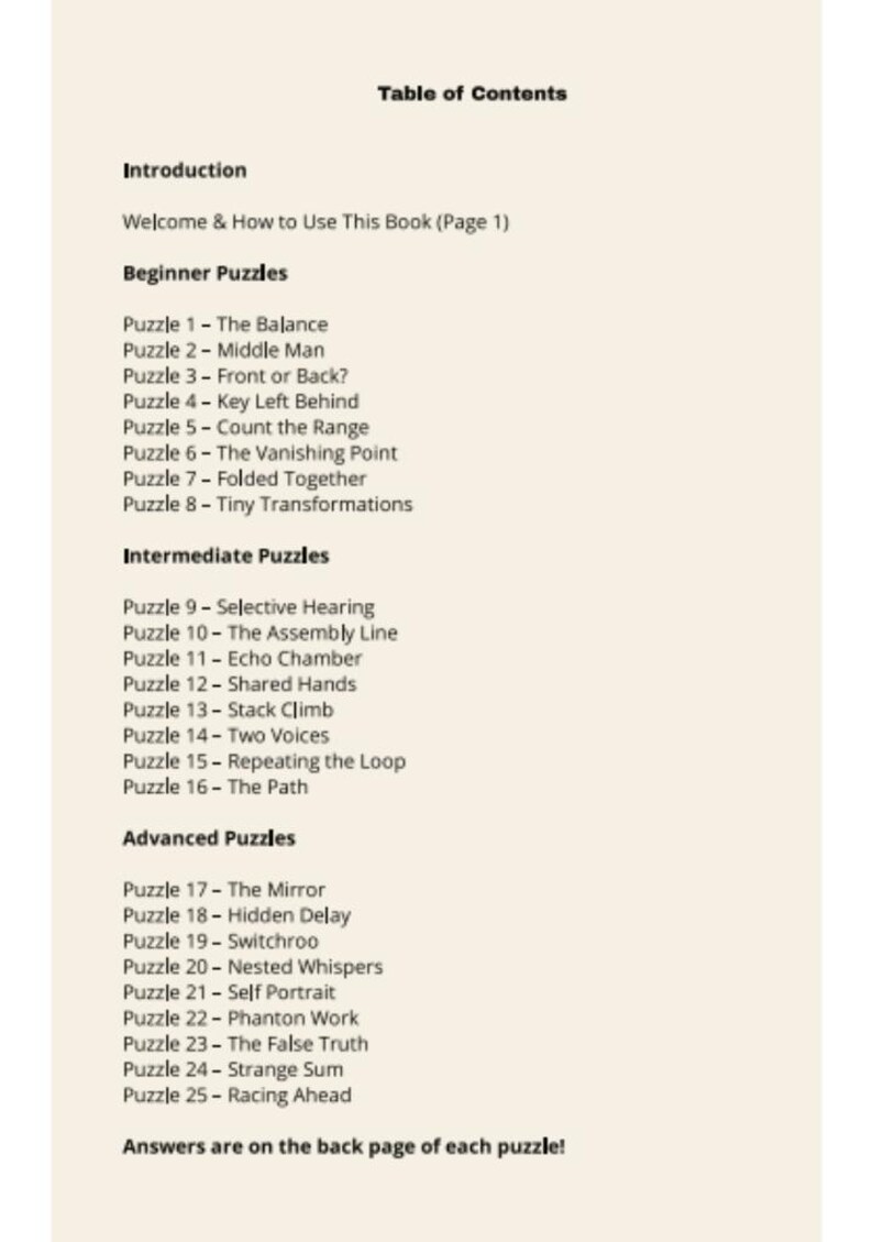 May include: A Table of Contents page from a book listing 25 puzzles categorized into Beginner, Intermediate, and Advanced levels. The text includes titles such as The Balance, Selective Hearing, and The Mirror, with a note that answers are on the back page.