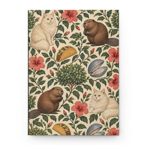 Front of a cream matte hardcover journal with a vintage-inspired pattern of cats, beavers, tacos, clams, green bushes and pink hibiscus flowers. The front cover has no words. Supplier product mockup on a white background.