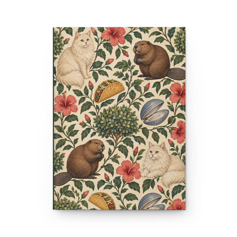 Front of a cream matte hardcover journal with a vintage-inspired pattern of cats, beavers, tacos, clams, green bushes and pink hibiscus flowers. The front cover has no words. Supplier product mockup on a white background.