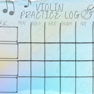 May include: A violin practice log planner page with a light blue watercolor background. The header reads VIOLIN PRACTICE LOG. It features a grid for days of the week, musical notes, and a small violin illustration in the top right corner.