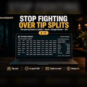 Könnte beinhalten: Ein Laptop-Bildschirm zeigt eine Tip Pool Payout-Tabelle mit Spalten für Personal, Stunden, Punkte und Bargeld. Der Text lautet STOP FIGHTING OVER TIP SPLITS, Fair pool by hours or points, Excel + Google Sheets, $17, sowie Tip-out, In-pool Y/N, Cash vs card, Penny fix.