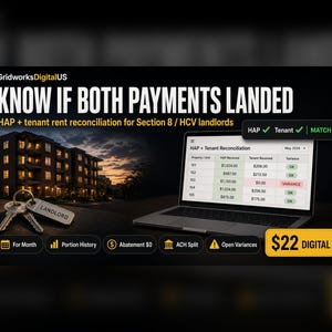 May include: A digital product advertisement for GridworksDigitalUS featuring a laptop displaying a HAP and tenant rent reconciliation spreadsheet, a set of keys with a landlord tag, and text detailing Section 8 and HCV landlord payment tracking.