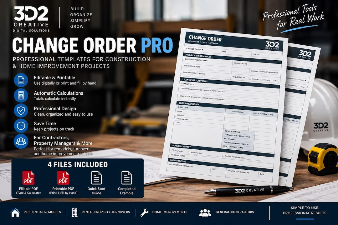 Construction Change Order Form | Contractor Template | Fillable PDF ...