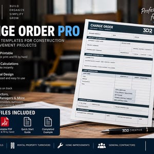Pode incluir: Um modelo de documento Change Order Pro para projetos de construção e melhorias residenciais. O papel branco apresenta texto preto, campos para informações do projeto, descrições de alterações e detalhamento de custos, com uma caneta preta.