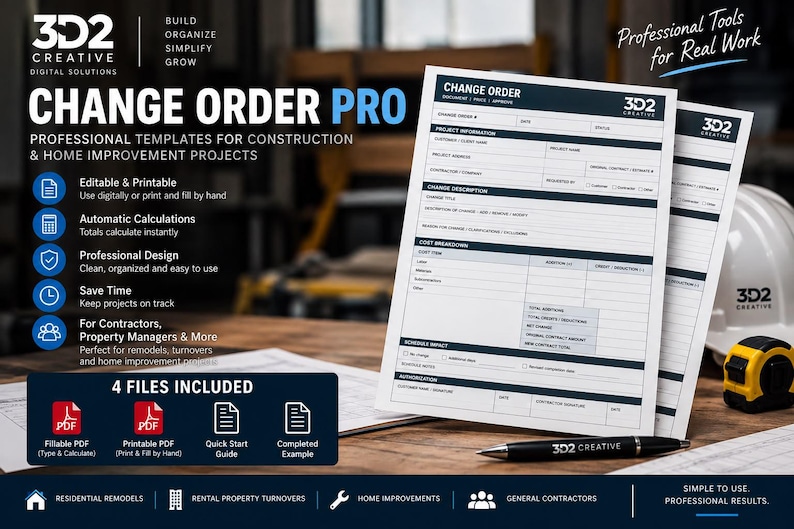 Construction Change Order Form | Contractor Template | Fillable PDF ...
