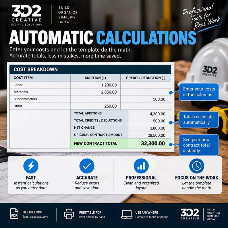 Construction Change Order Form | Contractor Template | Fillable PDF ...