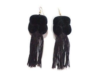 Black fringe earrings, Plant dye fringe, Black velvet earrings, Black long earrings, velvet jewelry, velvet earrings, Fringe jewelry, Oaxaca