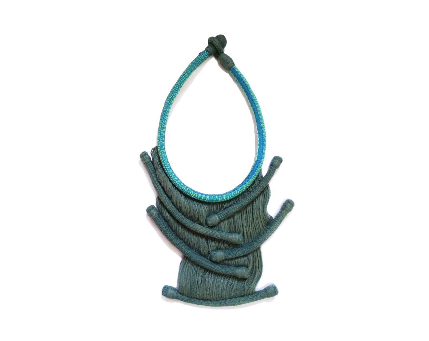 Handmade Fiber Art Statement Necklace: Woven Cotton Textile Jewelry