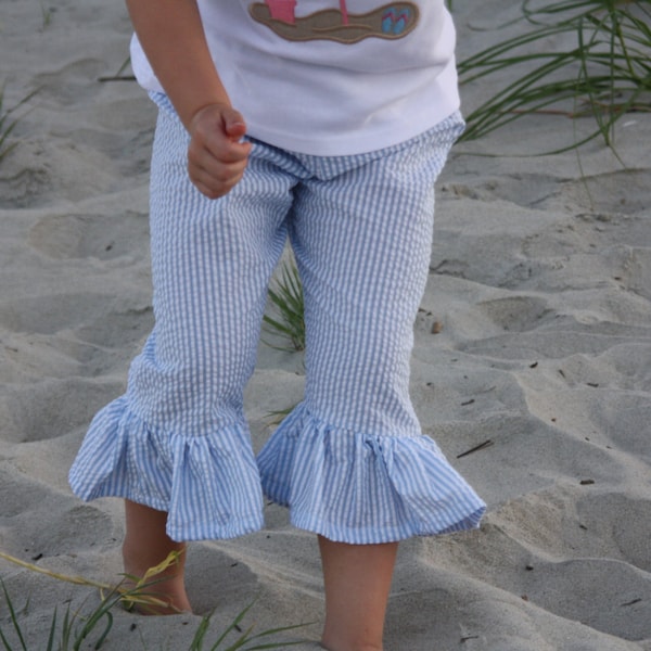 Seersucker capris Ruffle Blue, pink, khaki, gray, navy or lime  sz 12m, 18m, 24m/ 2, 3,4,5,6,7,8