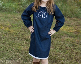 Long Sleeve Denim Chambray Dress for Baby, toddler, and girls sz 6m, 9m, 12m, 18m, 24m/ 2, 3,4,5,6, 7, 8, 10, 12 tween dress denim dress