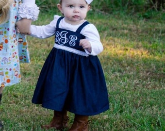 Denim Chambray Dress Monogram Dress Fall Summer Dress Baby, toddler, girls 6m, 9m, 12m, 18m, 24m/ 2, 3,4,5,6,7,8,10, beach, denim maxi dress