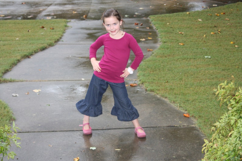 Denim Chambray Girls ruffle shorts, ruffle capris, or ruffle pants sz 12m, 18m, 24m/ 2, 3,4,5,6,7,8 image 3