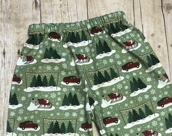 Christmas Pants for baby, toddler, and Boys Pants size 3m, 6m, 9m, 12m,18m, 24m, 2t, 3t, 4t, 5t,6, 7, 8 christmas santa tree farm red truck