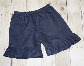 Denim Chambray Girls ruffle shorts, ruffle capris, or ruffle pants sz 12m, 18m, 24m/ 2, 3,4,5,6,7,8