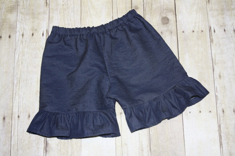 Denim Chambray Girls ruffle shorts, ruffle capris, or ruffle pants sz 12m, 18m, 24m/ 2, 3,4,5,6,7,8 image 1