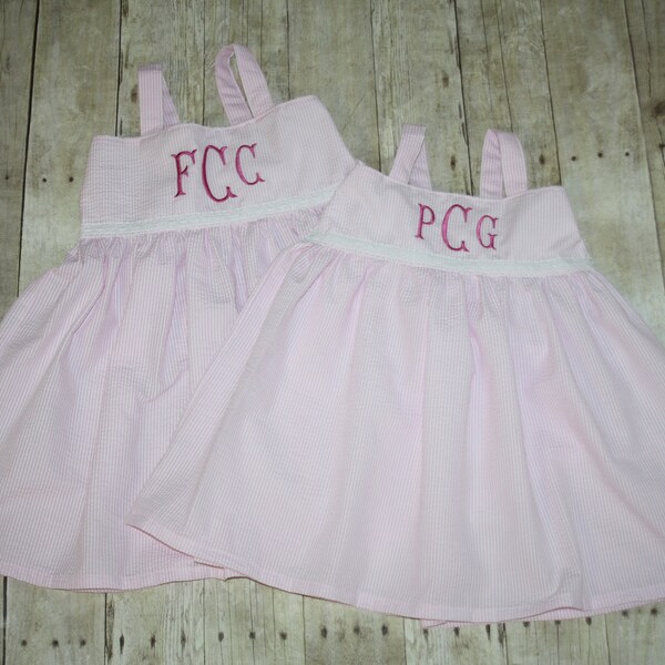 Seersucker Dress Monogram Dress Beach Summer Cruise Dress Baby, toddler, girls 6m, 9m, 12m, 18m, 24m/ 2, 3,4,5,6,7,8,10, beach wedding